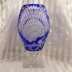 Very Large Blue Cut to Cear Vase with Peacock Design # 26720
